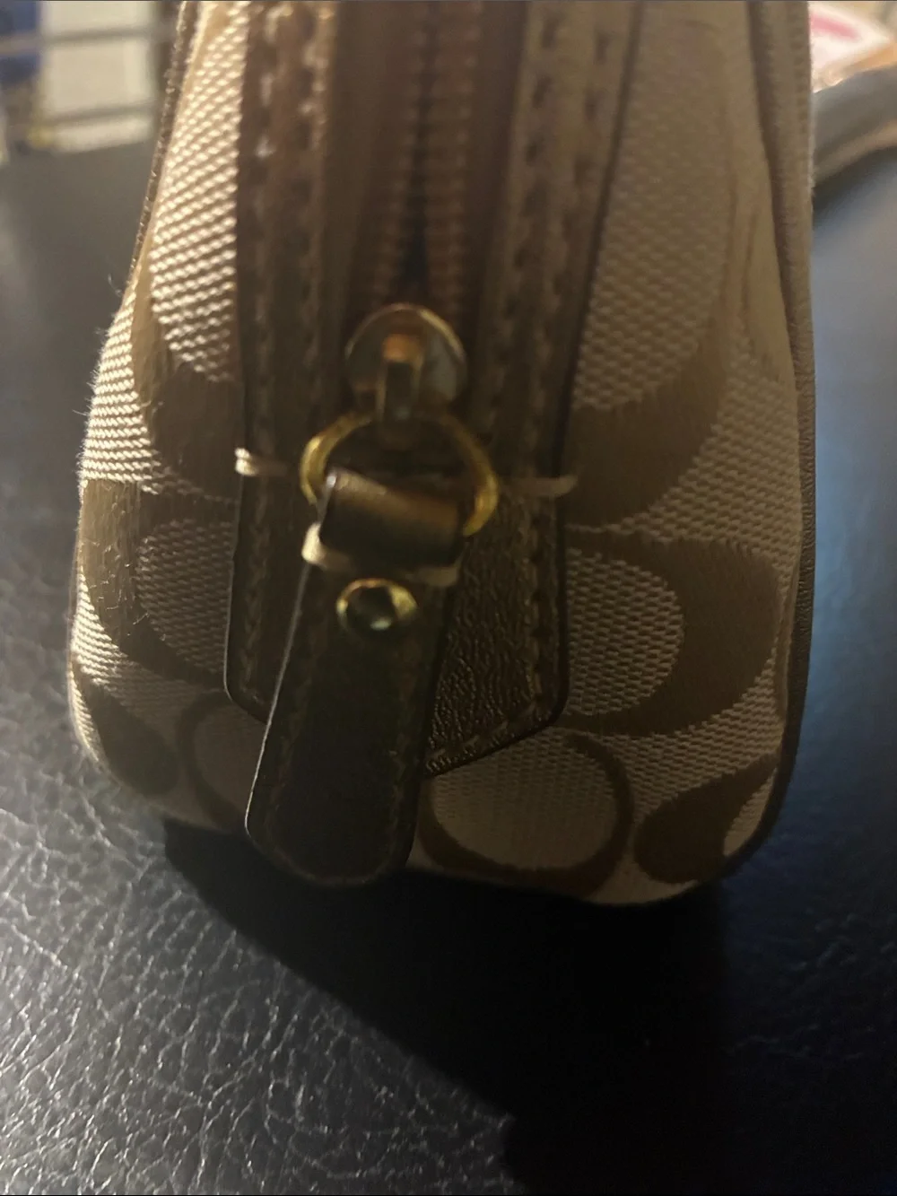 Coach Beige Signature Cosmetic Pouch with Metallic Gold Trim - Picture 3 of 4